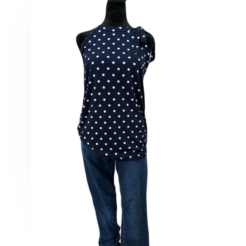 Medium Navy blue sleeveless blouse with white polka dots from Banana Republic